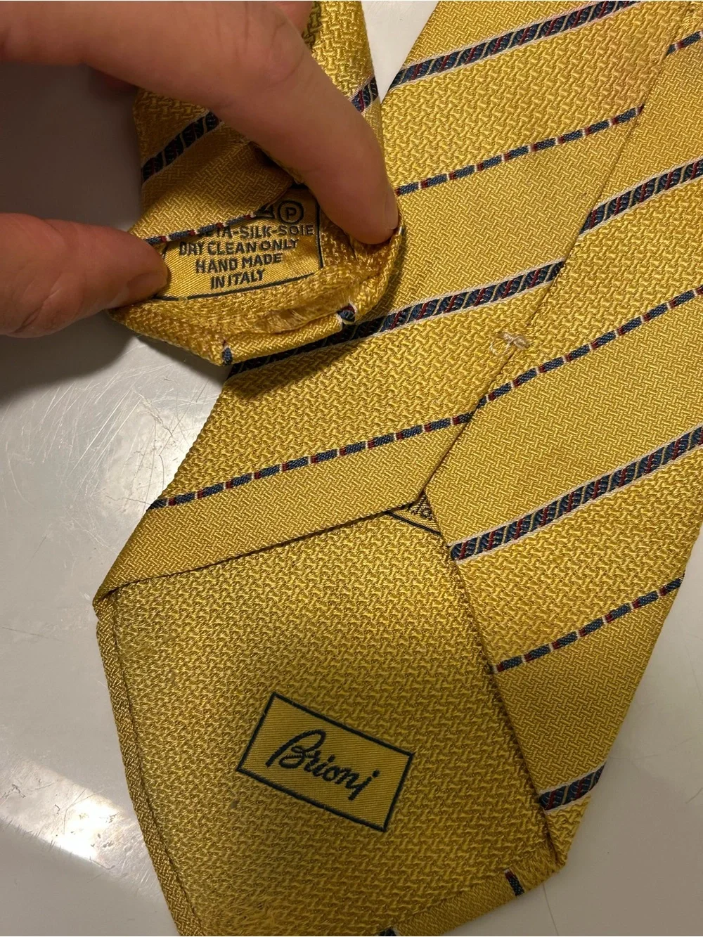 Brioni Gold Tie with Navy Diagonal Stripes